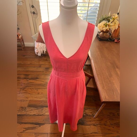Joie 100% Linen Red Coral Midi Dress V-Neck Sleeveless Smocked Waist Pocket Sz 6 - Picture 3 of 11